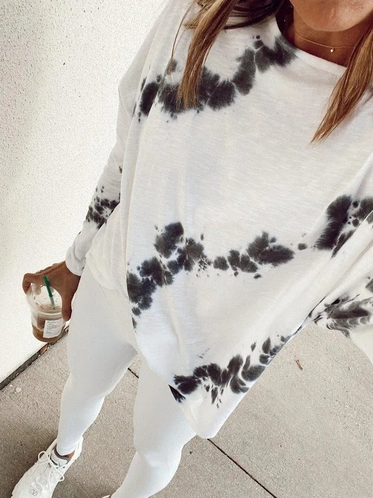 Футболка женская с длинным рукавом Повседневная Свободная рубашка принтом Tie Dye