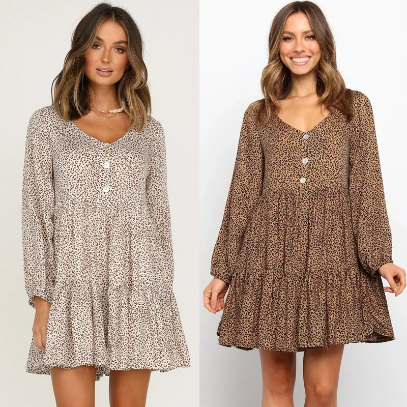 Платье женское леопардовое с длинным рукавом повседневный свободный сарафан на