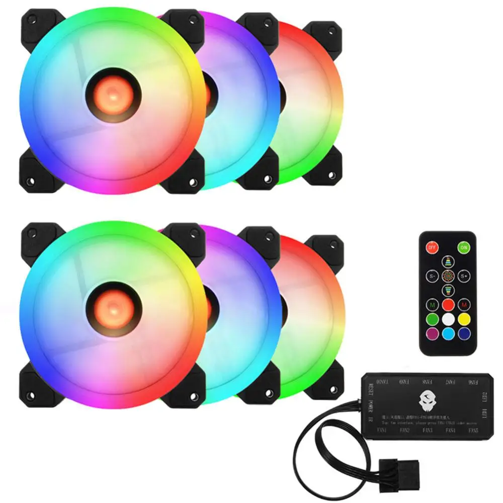 6pcs Fan controller 120 мм RGB Вентилятор Cooler 5pin двойной аура 1/3/6 шт. ПК Вентиляторы пульт дистанционного управления компьютером Процессор Вентилятор охлаждения Регулируемая цветная(RGB) и Скорость вентилятора - Цвет лезвия: 6pcs Fan controller