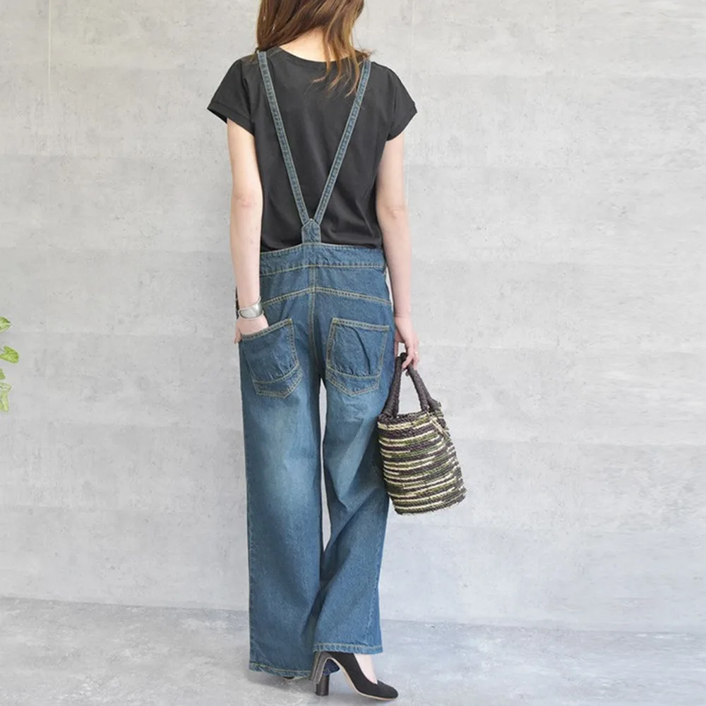 

Women Denim Jumpsuit Plain Casual Ladies Fashion Loose Mid Waist All-in-one Female Wide Leg Pants Summer Spring Hot Trousers