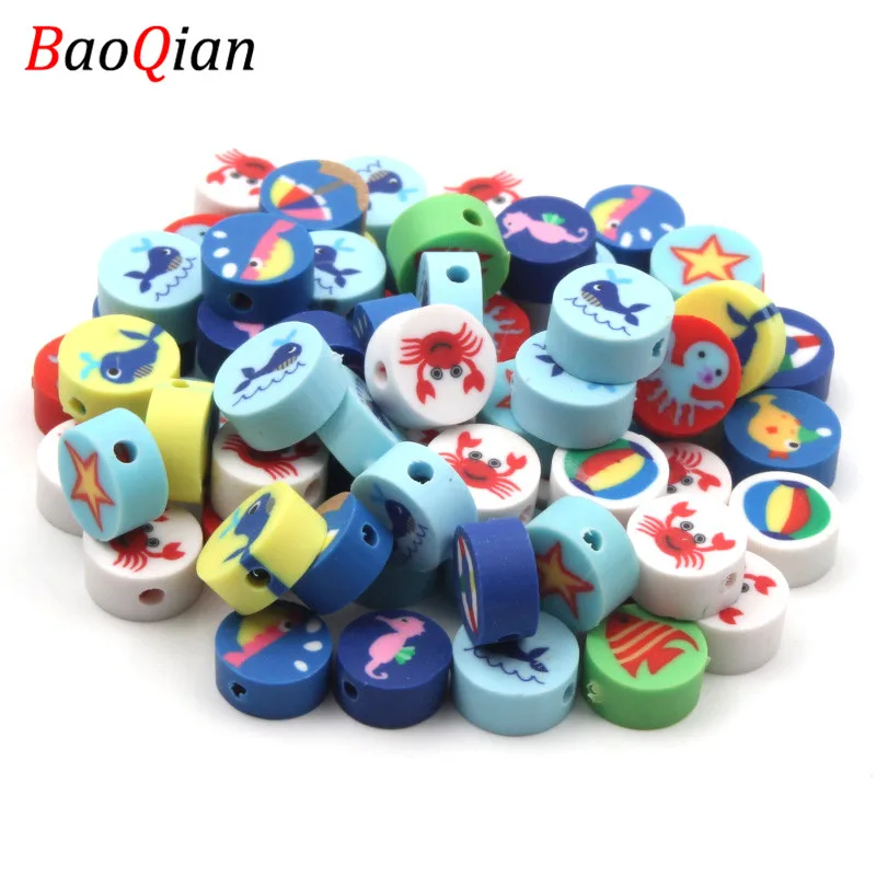 50pcs/lot Ocean Animal Polymer Clay Beads Round Loose 10mm For Diy Jewelry Making Bracelet Accessories | Украшения и аксессуары