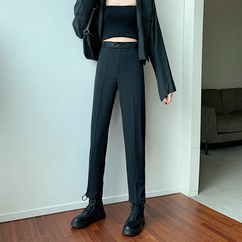

Women Suit Pants Summer High Waist Two Buttons Black Grey Long Trousers Casual Bottoms All Match B14354X
