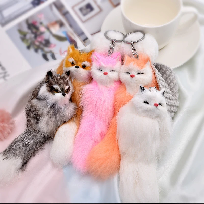

Cute Fluffy Animal Cartoon Fox Keychain Cute Pendant Car Key Ring Chains Holder Bag Purse Ornament Women Jewelry Charm Keyring