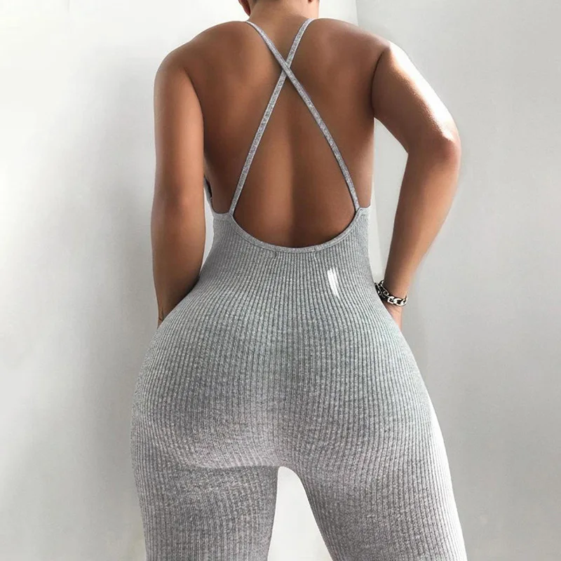 

Sexy Romper Clothing Fitness Hang Band Backless V-Neck Ribbed Bodysuit Overalls Shorts Summer Skinny Jumpsuit Women