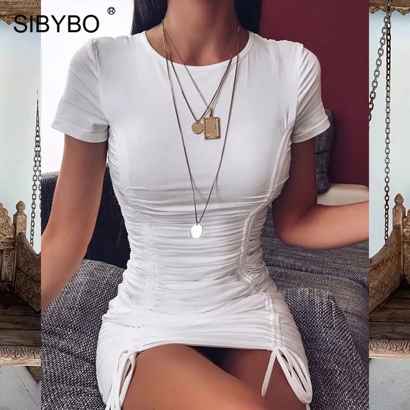 Женское плиссированное платье SIBYBO облегающее мини с коротким рукавом и круглым