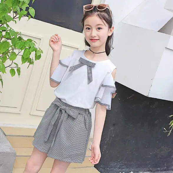 

Summer Baby Girl Clothes Suit 2020 New Kids Short-sleeved T-shirt Plaid Pants 2Pcs Sets Child 3-13 year Girls Clothing Tracksuit