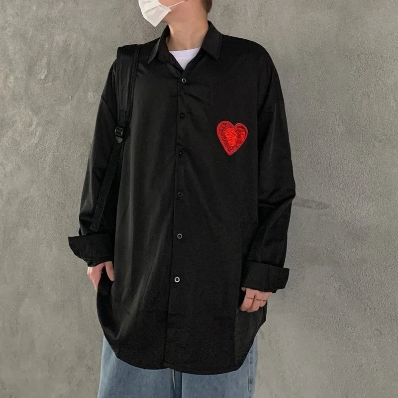 

HARAJPOO Woman Shirts 2021 Spring New Korean Style Ins Fashion Loose Heart Embroidery Harajuku Versatile Long Sleeve Couple Top