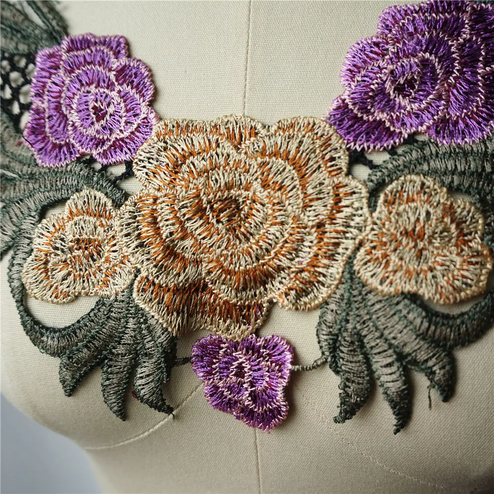 Фиолетовый вышитый цветочный воротник искусственная кружевная ткань нашивки