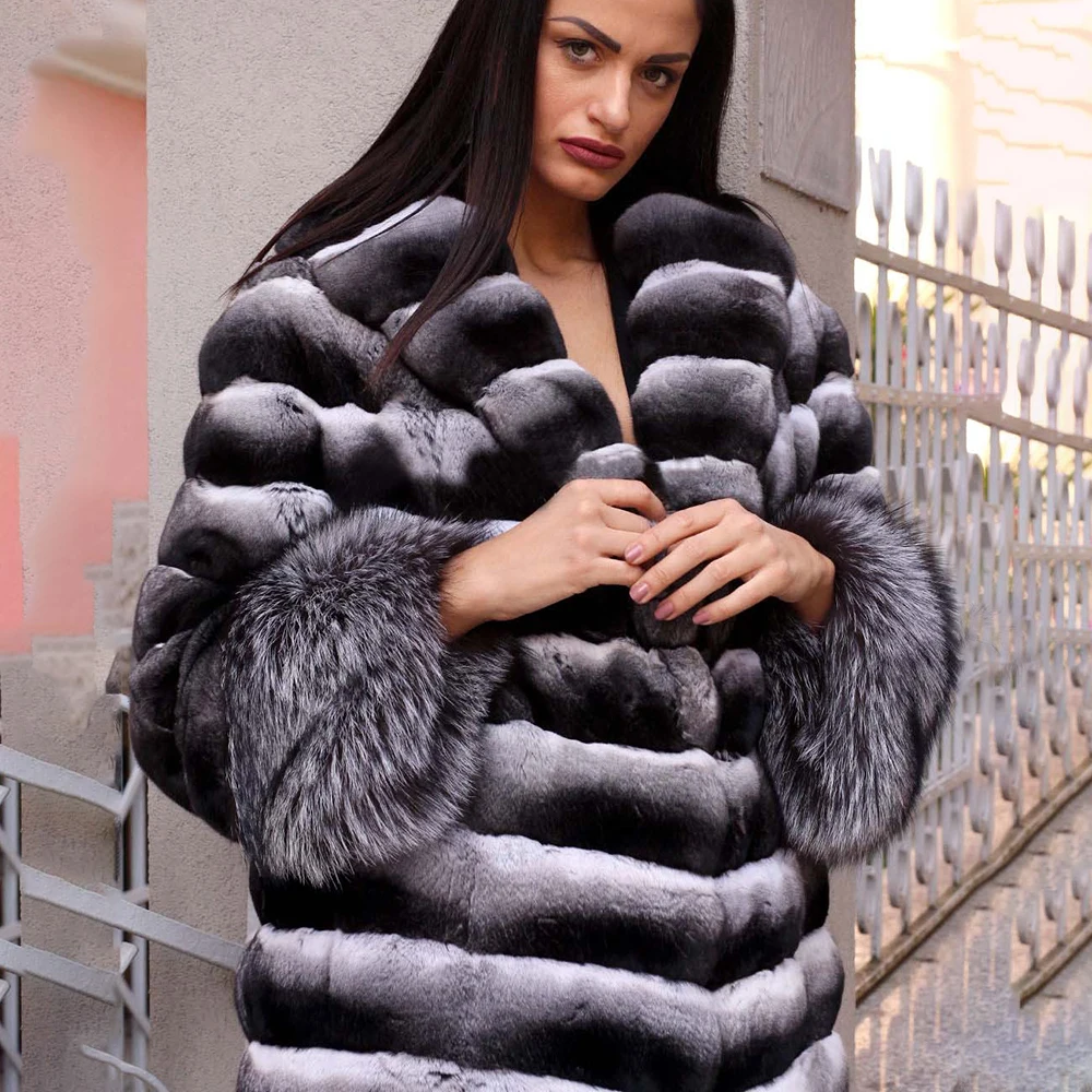 130cm Long Real Rex Rabbit Fur Coat Turn-down Collar Woman Natural Genuine Rex Rabbit Fur Coats With Silver Fox Fur Sleeve Cuffs