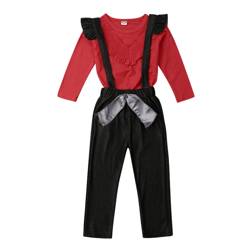2Pcs Set Clothes Baby Spring Autumn Clothing 2PCS Kids Boy Girls Long Sleeve Red T-shirt tops +Overall Black Pants Outfits | Детская