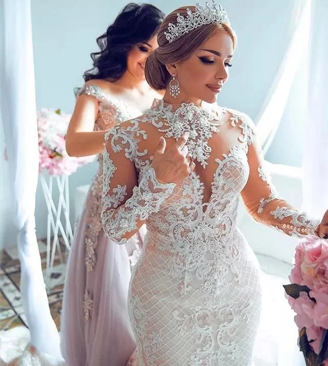 

Country African Mermaid Wedding Dresses With Detachable Train High Neck Lace Bridal Dress Long Sleeves Plus Size Robes de marie