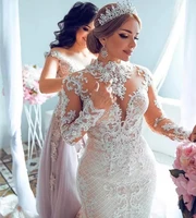 country african mermaid wedding dresses with detachable train high neck lace bridal dress long sleeves plus size robes de marie
