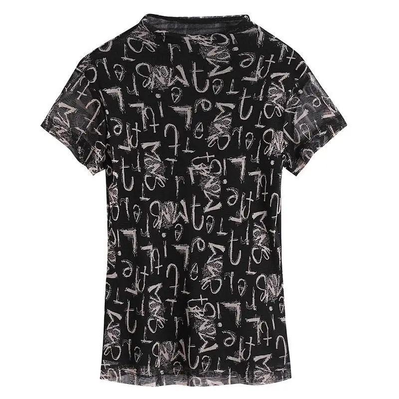 

Screen letter printed T-shirt women's summer 2021 new stretch slim bottomed top short sleeve Pullover