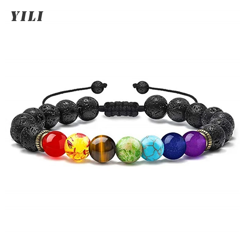 

7 Chakra Bracelet Men Women 8mm Lava Rock Stones Beads Essential Oil Diffuser Bracelet Braided Rope Stone Yoga Beads Bracelet