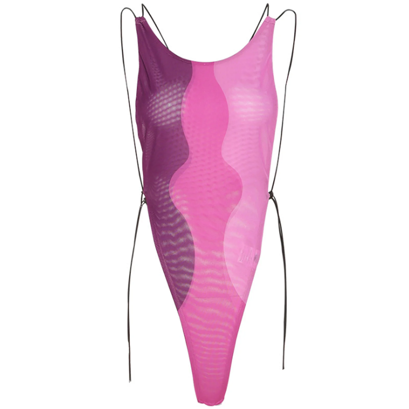 

Women Stylish Print Mesh Bodysuit Spaghetti Strap Crisscross Back Drawstring Leotard Strappy Sleeveless Backless Romper Jumpsuit