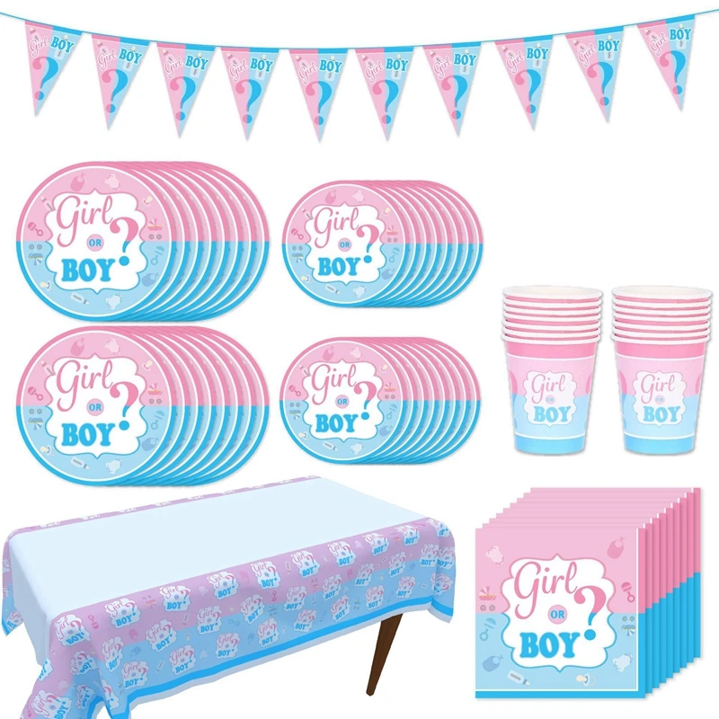 

Boy Or Girl Gender Reveal Baby Shower Party Disposable Tableware Paper Plates Cups Kids Birthday Party Decoration Supplies