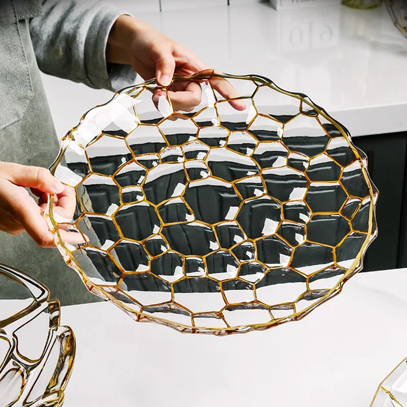 

Crystal Glass Tableware Plates Sets Home Dinner High Quality Luxury Phnom Penh Food Fruit Tray Snack Real Gold Decorative Plate