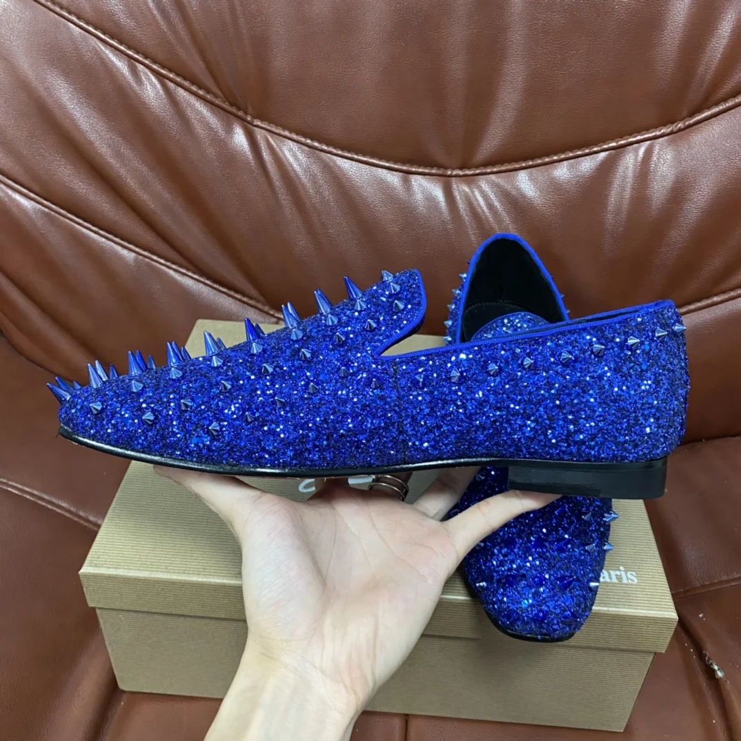 

Men High Top Luxury Slip On Shoes Real Leather Original Quality Red Bottom Blue Spikes Flat Brand Shoes Sole With Box size 47