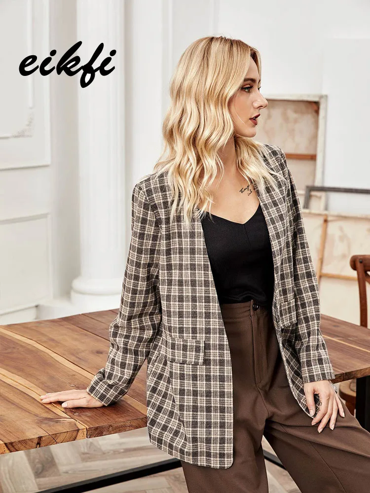 

EIKFI Elegant Spring Autumn Plaid Women Blazer Coat Causal Long Sleeve Tweed Coat Short Office Ladies Pocket Women Suit Blazer