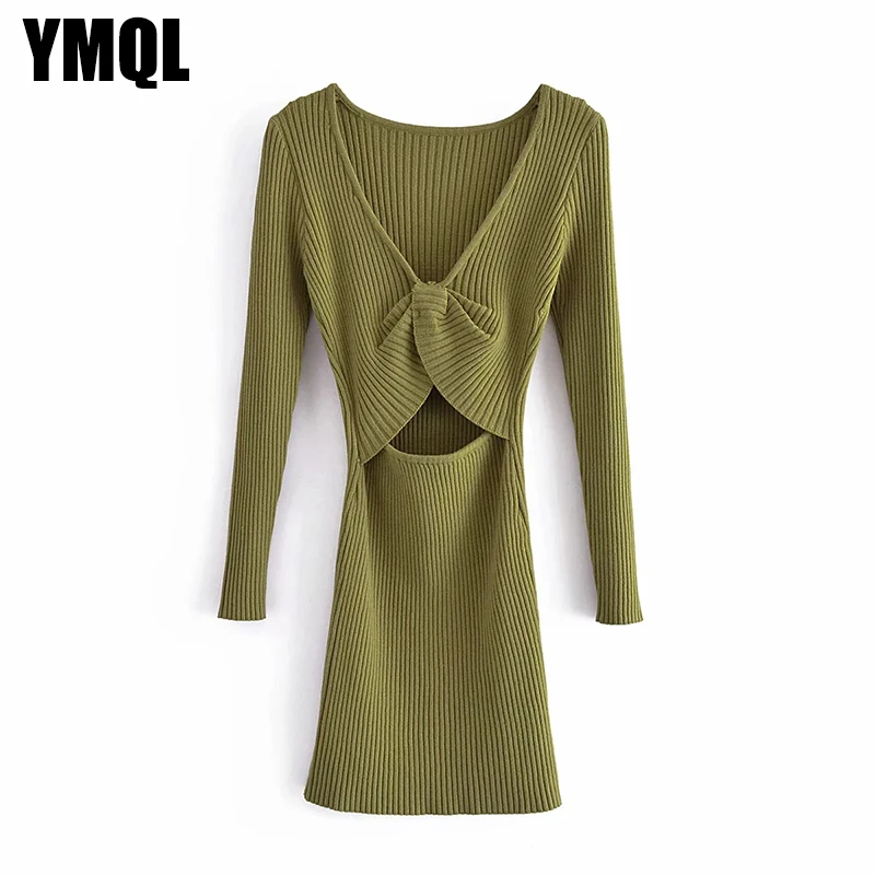 Женское трикотажное мини-платье YMQL Za зеленое модное однотонное платье с длинным