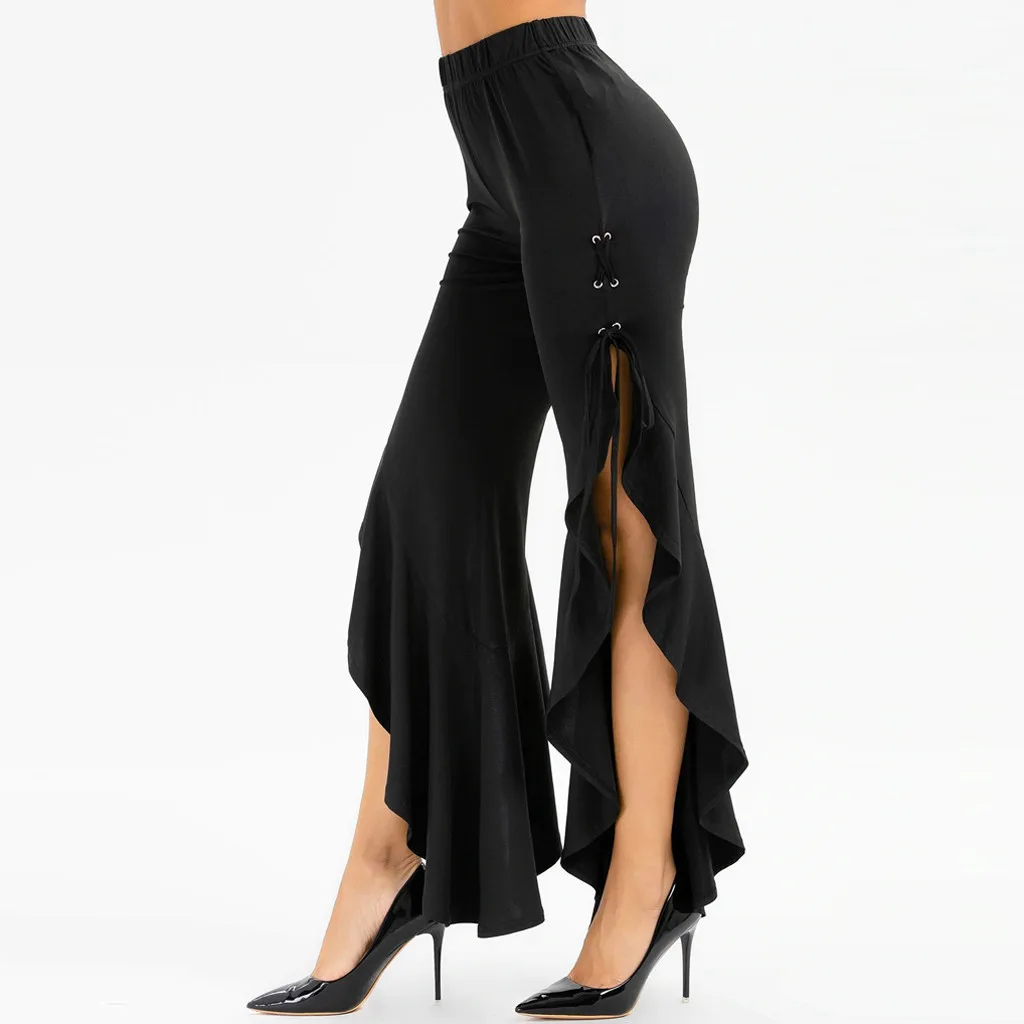 Женские брюки со шнуровкой с Боковым Разрезом и оборками расклешенные длинные