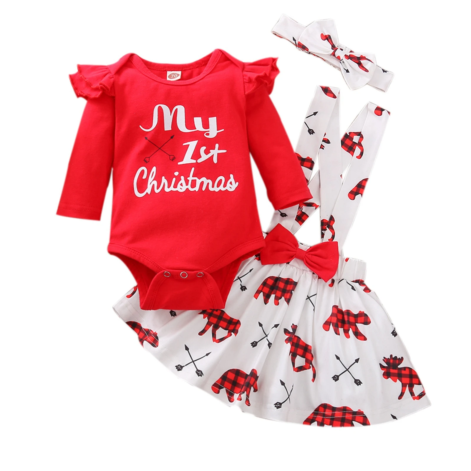 

Autumn 3Pcs Toddler Baby Girls Christmas Clothes Sets,Letters Print Long Sleeves Romper + Suspenders Skirt + Hairband,0-18Months