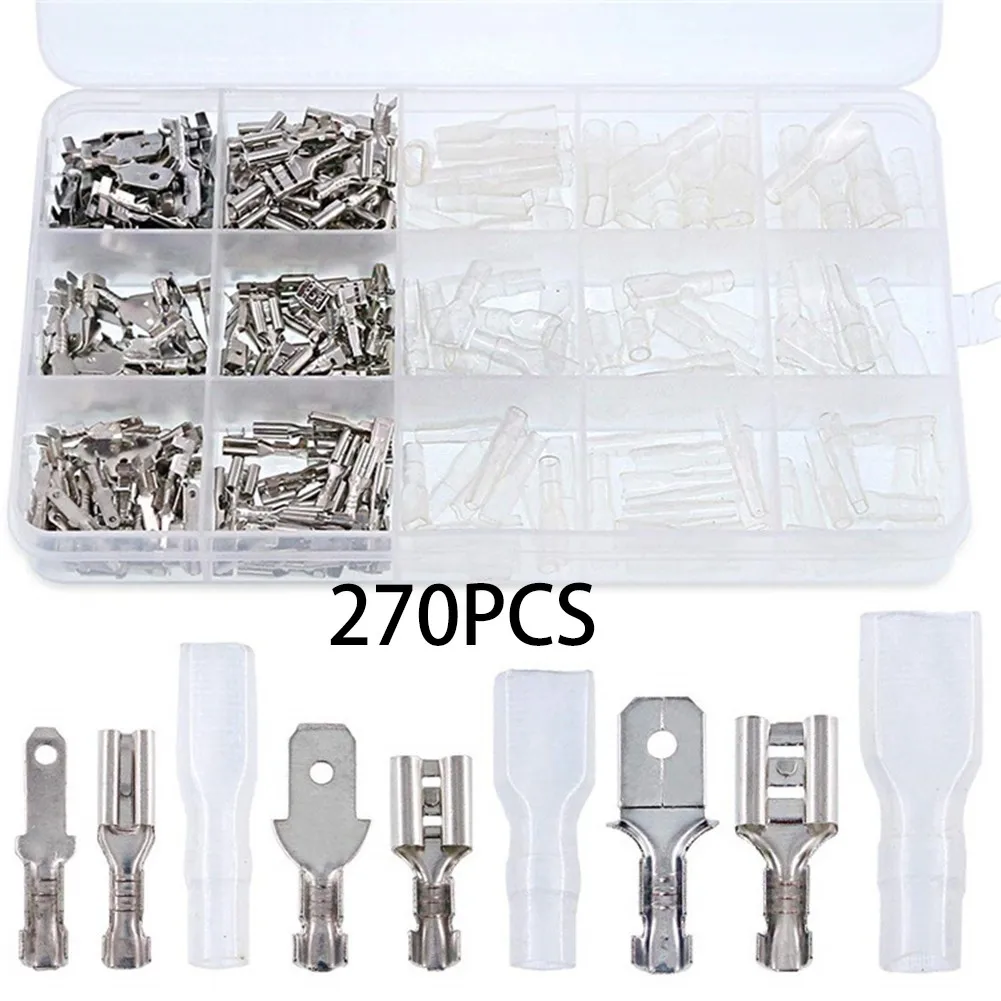 

270pcs Female Male Spade Terminal Spring Insert Sheath 2.8/4.8/6.3mm Cold Press Terminal Set Terminal Block Terminals