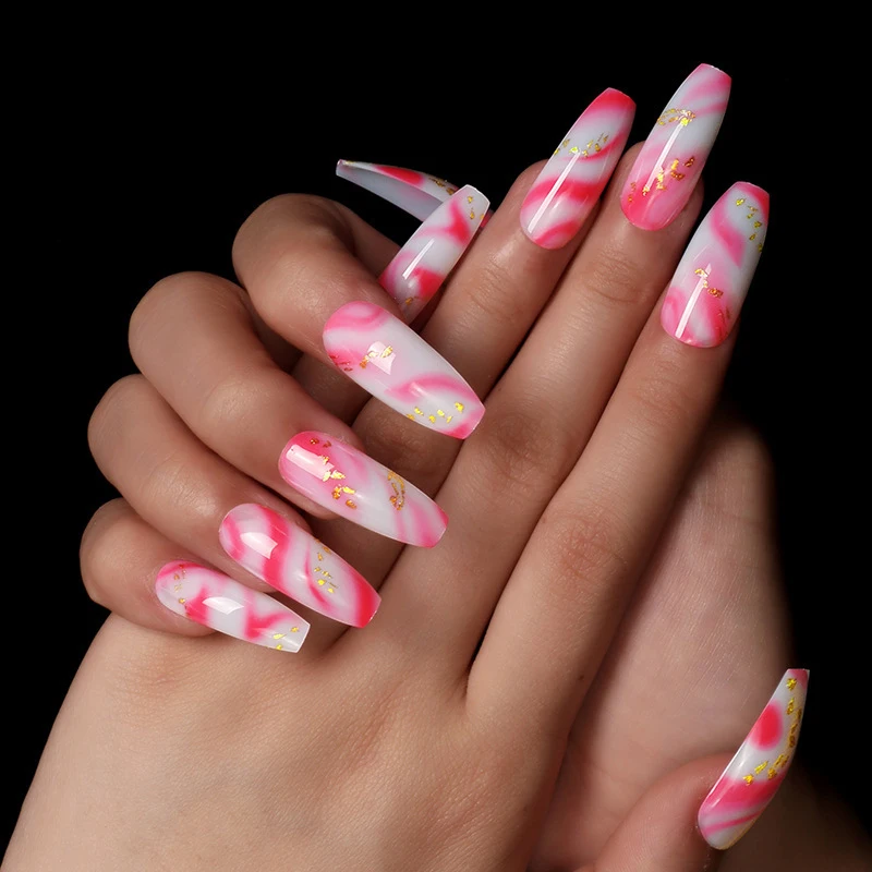 

Сексуальные розовые волнистые Длинные накладные ногти в форме балерины, накладные ногти из золотой фольги SM18210405