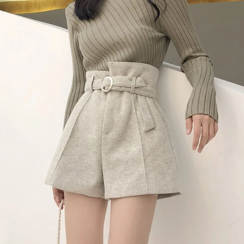

Autumn Winter Thicken Fashion 2021 Woolen Belt Warm Shorts Women High Waist A-Line Girls Elegant Trousers Solid Casual 0843