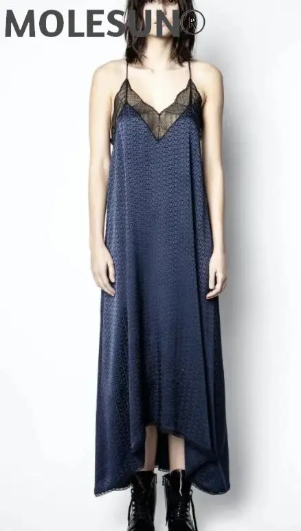 

Woman Letters Jacquard Silk Midi Dress V-neck Black Embroidered Lace Detail Thin Straps Sleeveless Long Dress