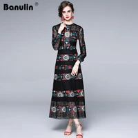 banulin runway spring autumn party mesh dress women o neck hollow out lace flower embroidery long sleeve bodycon vintage dress