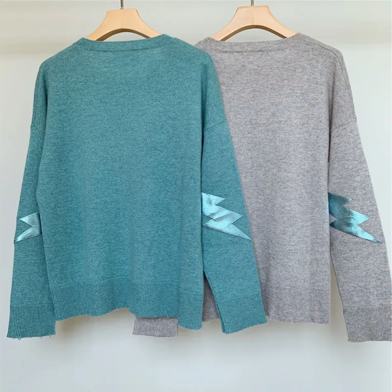 

Lightning Patch Knit Sweater Women Two Colors Casual O-neck Autumn New Fashion Top