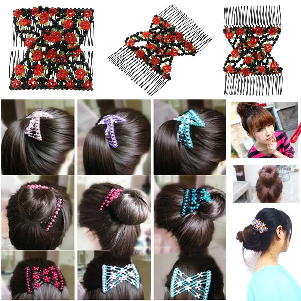 

Vintage Flower Bead Stretchy Hair Combs Accessories Double Magic Slide Metal Comb Elasticity Clip Hairpins for Women Headband