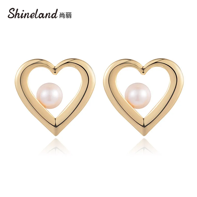

Shineland Sweet Heart Metal Stud Earrings For Women Girl Daily Party Simulated Pearl Brincos Cute Trendy Jewelry Gift Wholesale