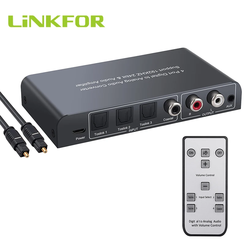 

LiNKFOR 192kHz DAC 3 Optical SPDIF Toslink 1 Coaxial Toslink Switch DAC Audio Converter Volume Control With IR Remote RCA 3.5mm