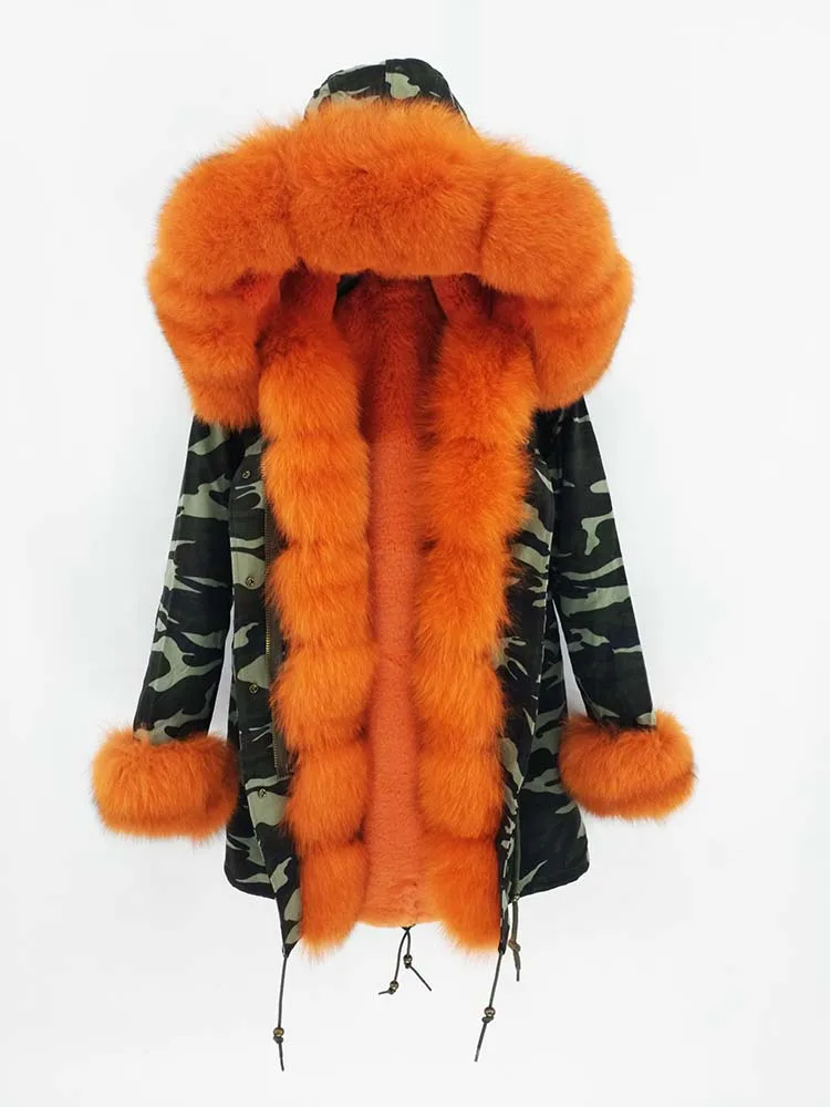 Большое пальто из лисьего меха камуфляжная куртка натурального Роскошная теплая
