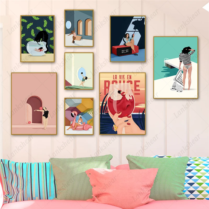 

Girl Abstract Canvas Painting Wine Glass Summer Vintage Wall Art Modular Posters and Prints Wall Pictures for Living Room Decor