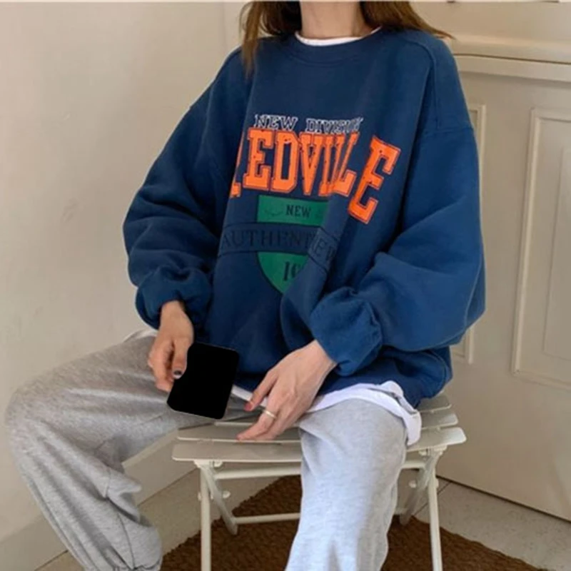

New Women's Fashion Casual Round Neck Loose Letter Printing Plus Velvet Sweater