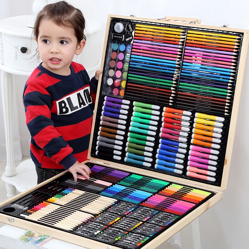 Набор кистей для рисования пластиковая и деревянная коробка цветной карандаш