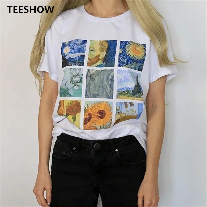 Женская футболка с рисунком Ван Гога Повседневная в клетку коротким рукавом