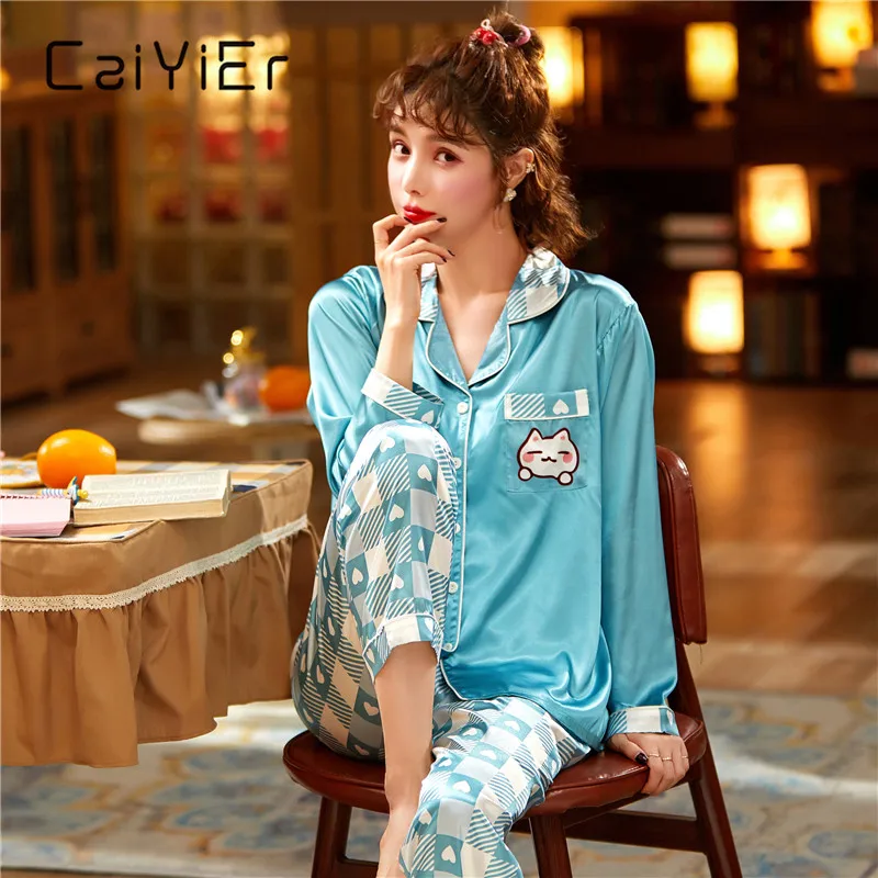 CAIYIER New Pink Cute Cat Back Print Women Silk Pajamas Set Winter Fashion Girl Nightwear Long Sleeve Large Size Sleepwear M-5XL
