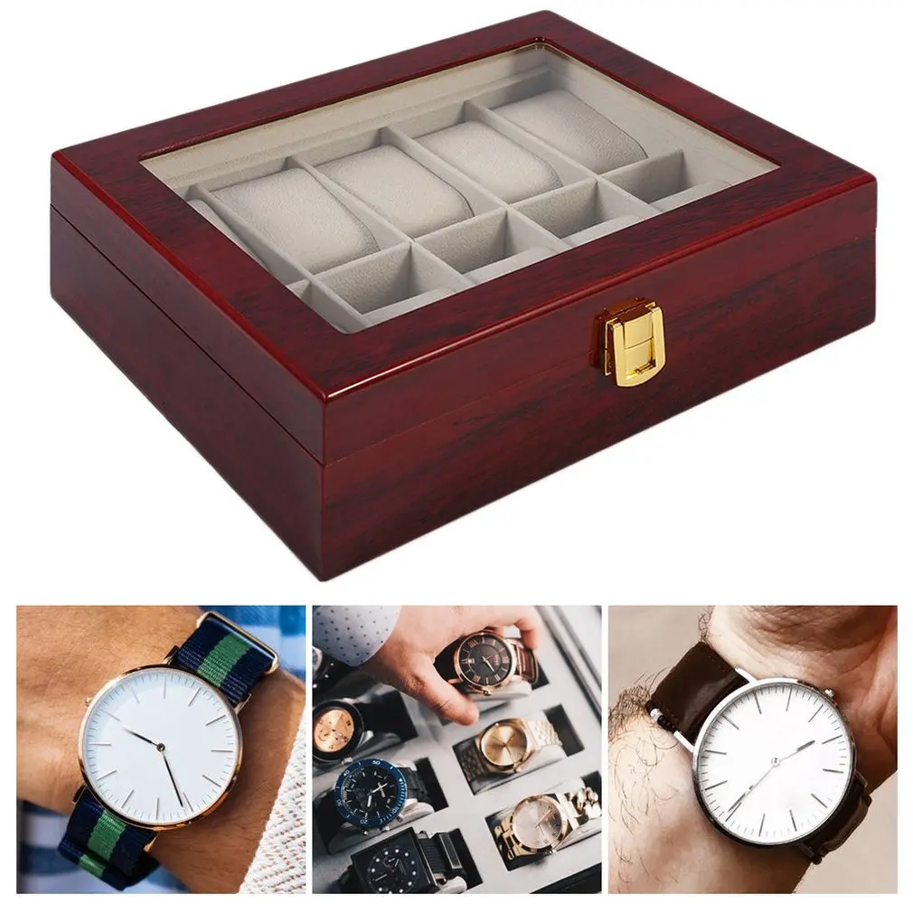 Koop Houten/Lederen 8/10/12 Grids Horloge Display Sunglass Case Duurzaam Verpakking Houder Jewelry Collection Organizer Doos