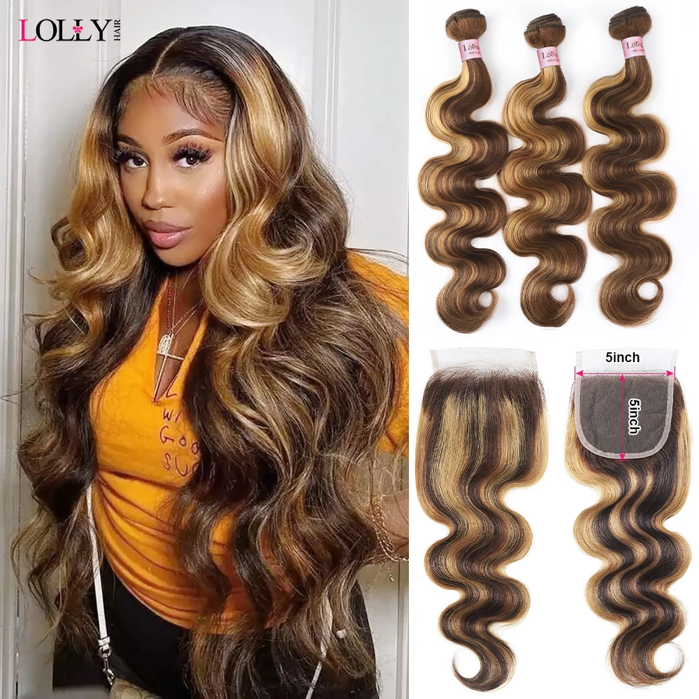 Lolly P4/27 Highlight Bundles With Closure Human Hair Body Wave Bundles With Closure Honey Blonde Weave 5x5 Lace Closure Remy