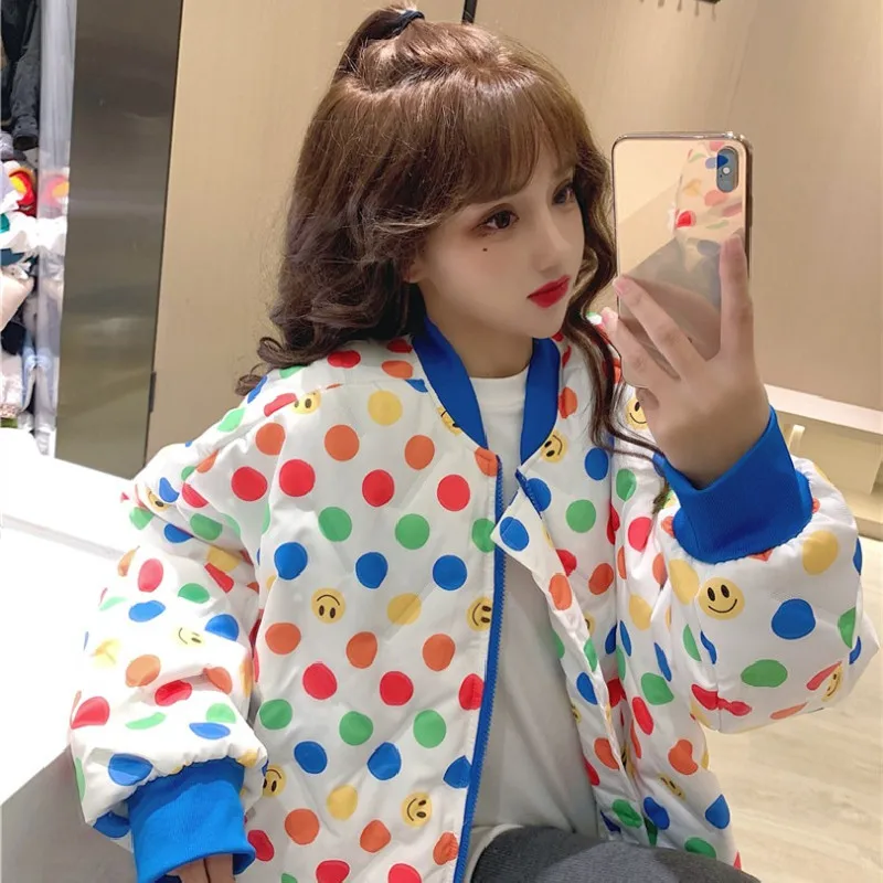 

Winter Jacket Women Harajuku Color Polka Dot Smiley Loose Korean Baseball Plus Size Cotton Parkas Thick Warm Coat Women D64