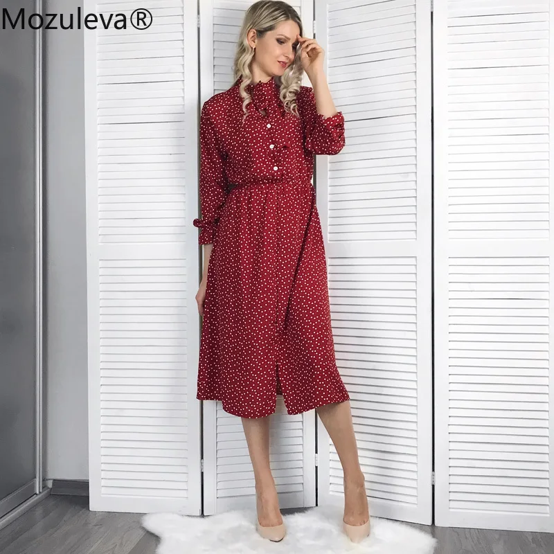 Женское платье миди в горошек Mozuleva элегантное с воротником стойкой Расклешенным