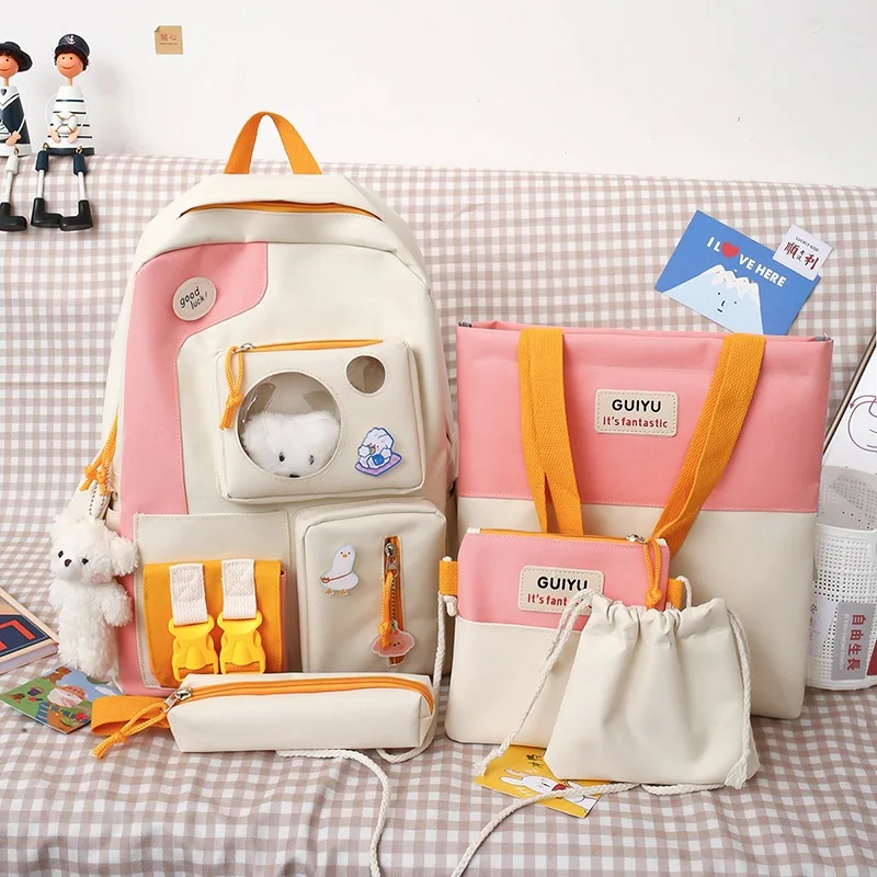 

Five-Piece Set Small Fresh Female Mochila Korean Version Of Teenage Girls Cute Lightweight Backpack Simple And Canvas Schoolbag