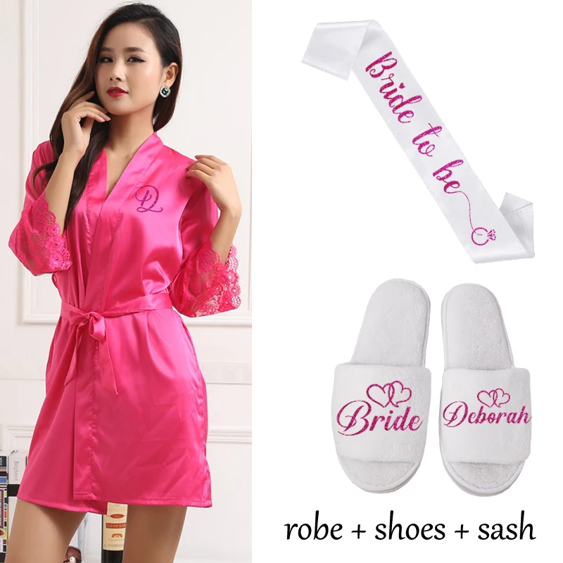 rosered robe sash sh Сексуальное Женское ночное белье с кружевными рукавами, пеньюар, свадебное кимоно, шифон, шелк, женские халаты, халаты для невесты, персонализированное имя - Цвет: rosered robe sash sh