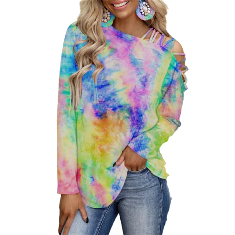 

Fashion Tie-Dye Long Sleeve Women T-Shirt Harajuku Top Plus Size Loose Casual Sexy Off Shoulder Tees New Ladies Streetwear Tops