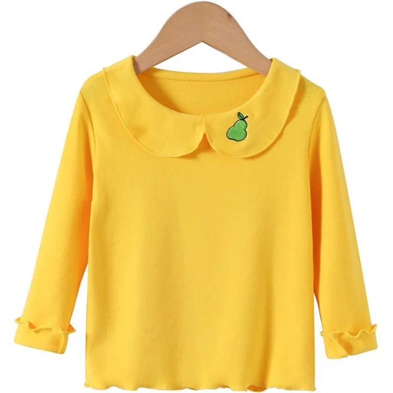 

DFXD Girls Long Sleeve T-shirt New 100% Cotton Candy Color O-neck Leisure Kids Tops Peter Pan Collar Embroidery Bottoming Shirt
