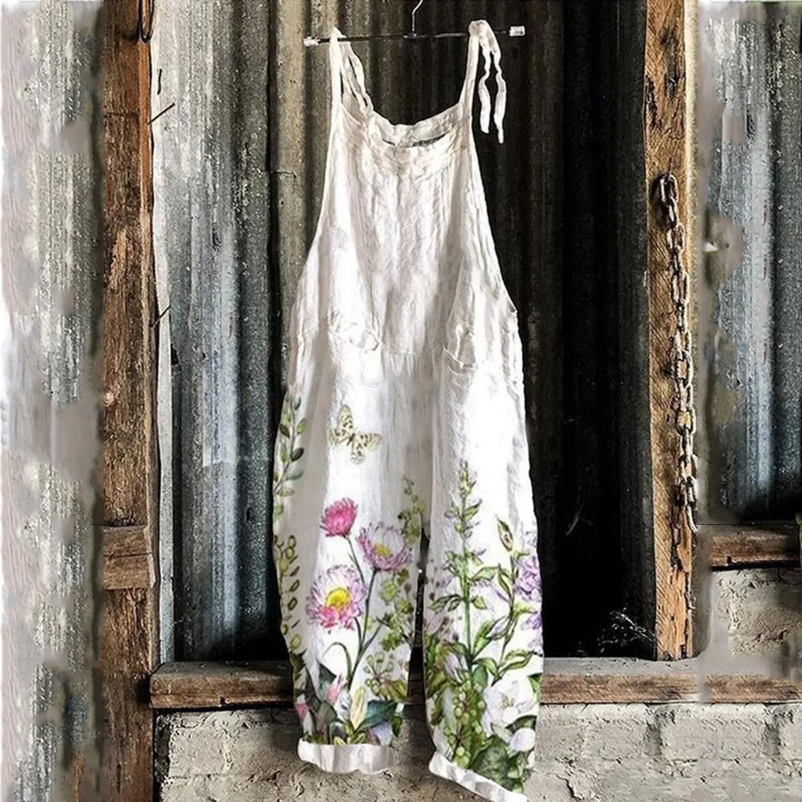 Комбинезон женский хлопково-льняной Свободный Повседневный длинный ромпер с